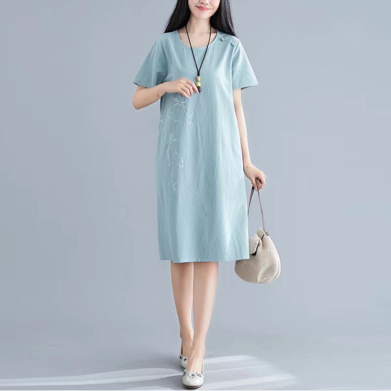 Plus Size Women Long Dress Women's Cotton and Linen Embroidered Dress Female Loose Thin A Word Skirt