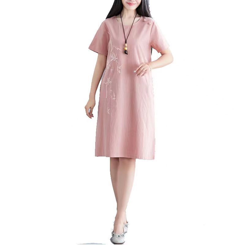 Plus Size Women Long Dress Women's Cotton and Linen Embroidered Dress Female Loose Thin A Word Skirt