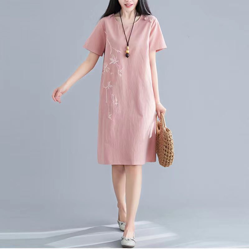 Plus Size Women Long Dress Women's Cotton and Linen Embroidered Dress Female Loose Thin A Word Skirt