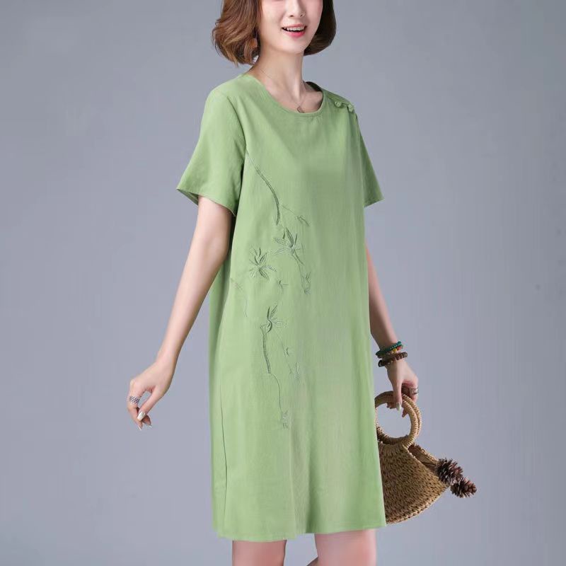 Plus Size Women Long Dress Women's Cotton and Linen Embroidered Dress Female Loose Thin A Word Skirt