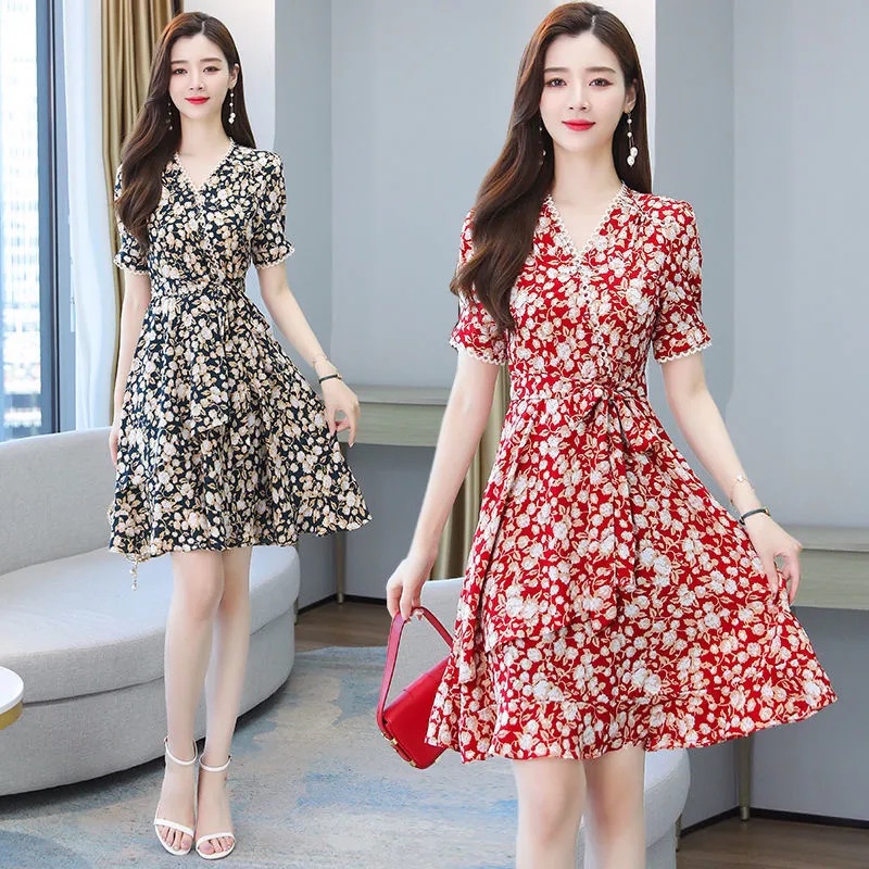 Summer Dress Women Chiffon Floral Dress Ladies Fresh V Neck Waist Slimming Casual Dress French Style