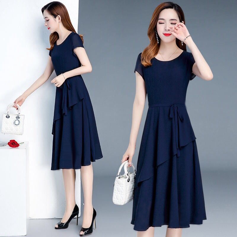 Korean Elegant Dinner Dresses Summer Long Dress Women Short Sleeve Ruffle Midi Dress  Lady Office OL
