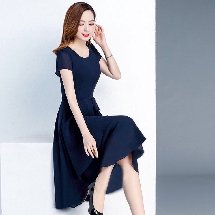 Korean Elegant Dinner Dresses Summer Long Dress Women Short Sleeve Ruffle Midi Dress  Lady Office OL