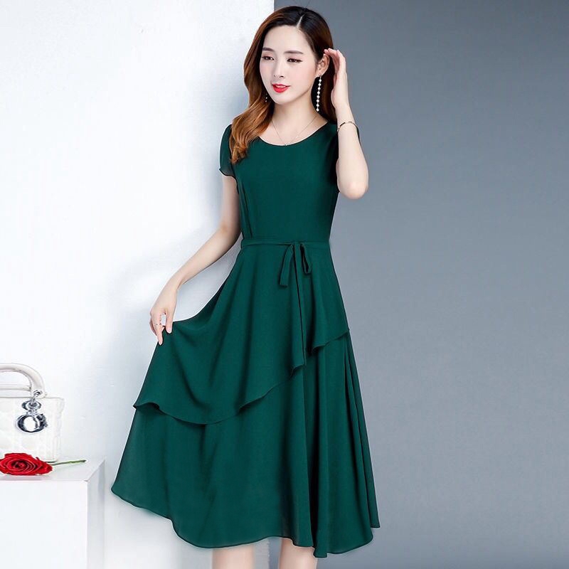 Korean Elegant Dinner Dresses Summer Long Dress Women Short Sleeve Ruffle Midi Dress  Lady Office OL