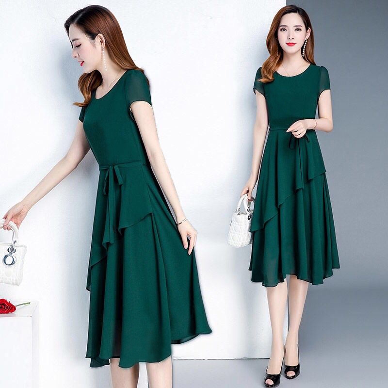 Korean Elegant Dinner Dresses Summer Long Dress Women Short Sleeve Ruffle Midi Dress  Lady Office OL
