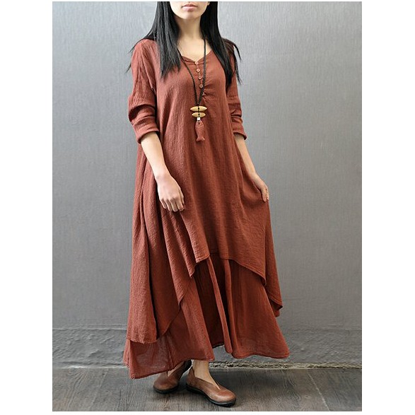 Women Casual Loose Dress Solid Cotton Linen Boho Long Maxi Dress plus size