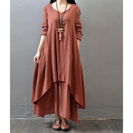 Women Casual Loose Dress Solid Cotton Linen Boho Long Maxi Dress plus size