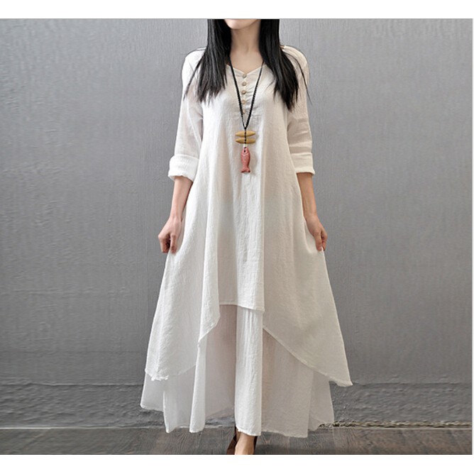 Women Casual Loose Dress Solid Cotton Linen Boho Long Maxi Dress plus size