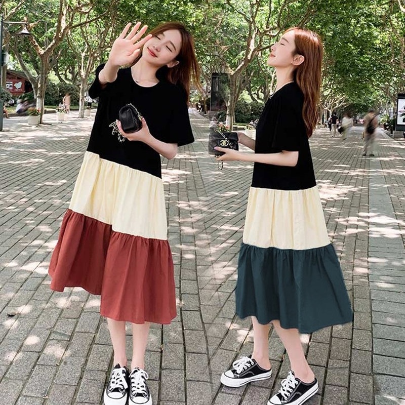 Fashion Casual Loose Dress Korean Style Plus Size Contrast Color Stitching Mid-length A-line Dress S