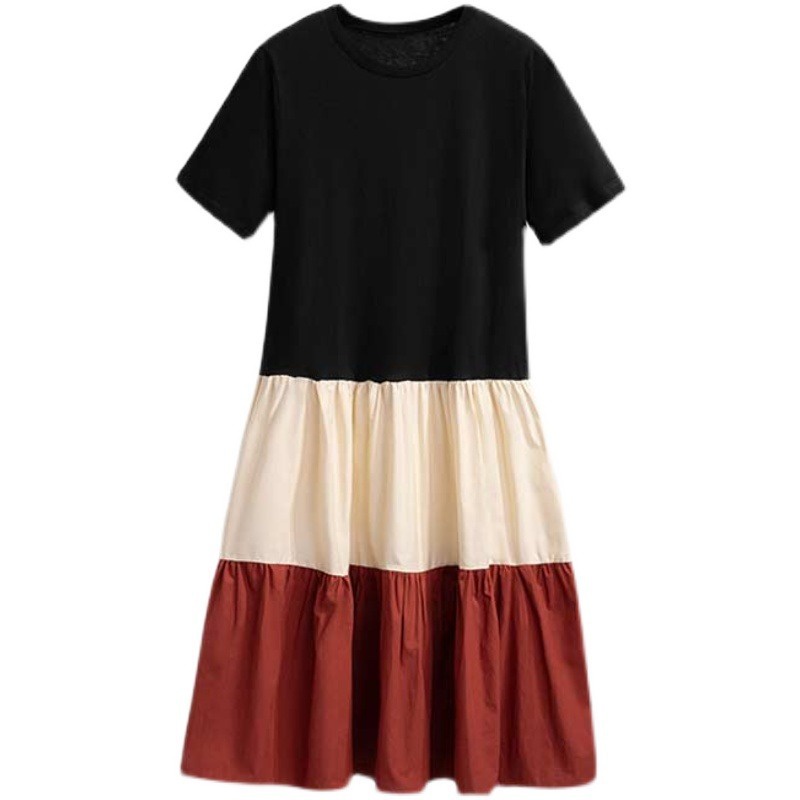 Fashion Casual Loose Dress Korean Style Plus Size Contrast Color Stitching Mid-length A-line Dress S