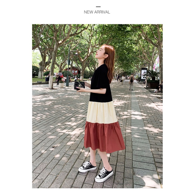 Fashion Casual Loose Dress Korean Style Plus Size Contrast Color Stitching Mid-length A-line Dress S
