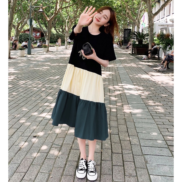Fashion Casual Loose Dress Korean Style Plus Size Contrast Color Stitching Mid-length A-line Dress S