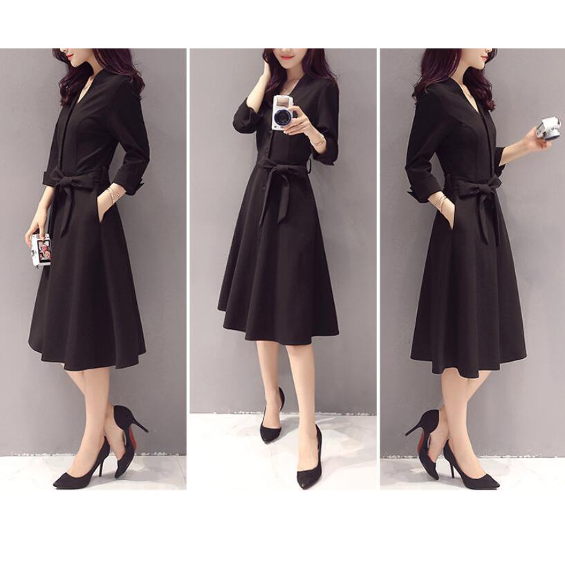 Elegant Long Plus Size Black Long Sleeve V Neck Slim Midi Office Evening Dress