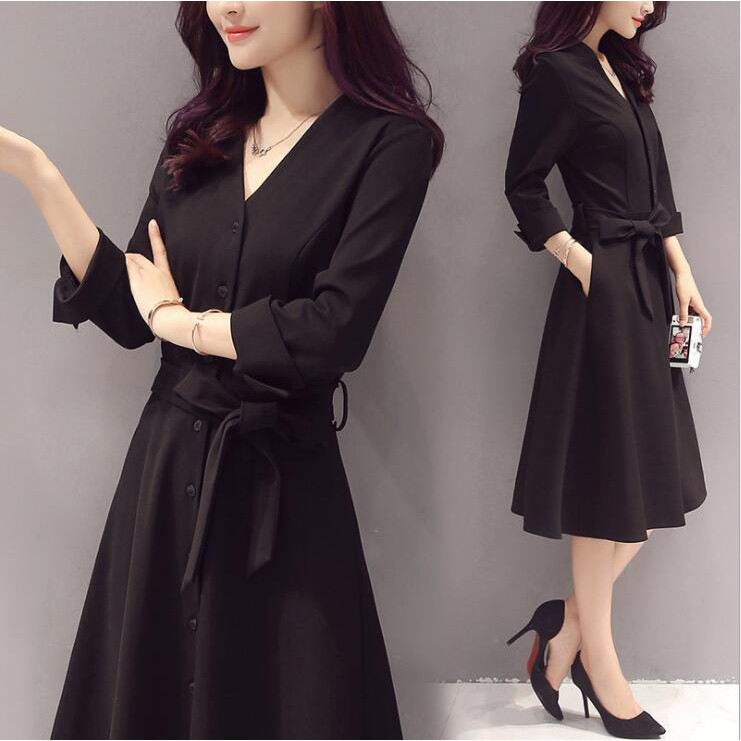 Elegant Long Plus Size Black Long Sleeve V Neck Slim Midi Office Evening Dress