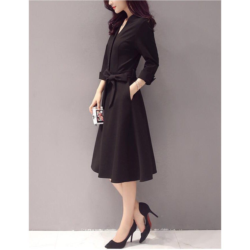 Elegant Long Plus Size Black Long Sleeve V Neck Slim Midi Office Evening Dress