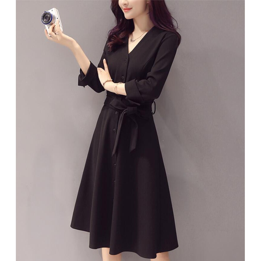 Elegant Long Plus Size Black Long Sleeve V Neck Slim Midi Office Evening Dress