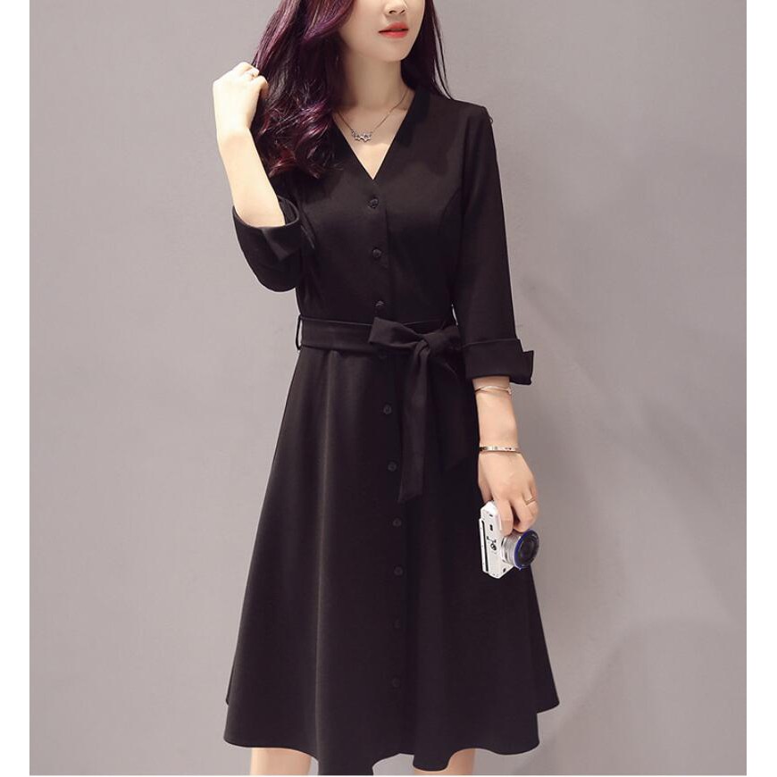 Elegant Long Plus Size Black Long Sleeve V Neck Slim Midi Office Evening Dress