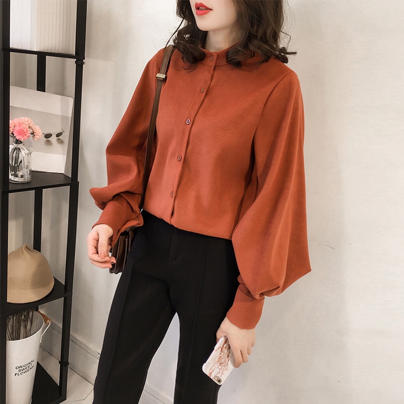 Korean Style Women Ladies Lantern Long Sleeve Casual Loose Cotton Shirt Blouse Tops Khaki Blouse Baj