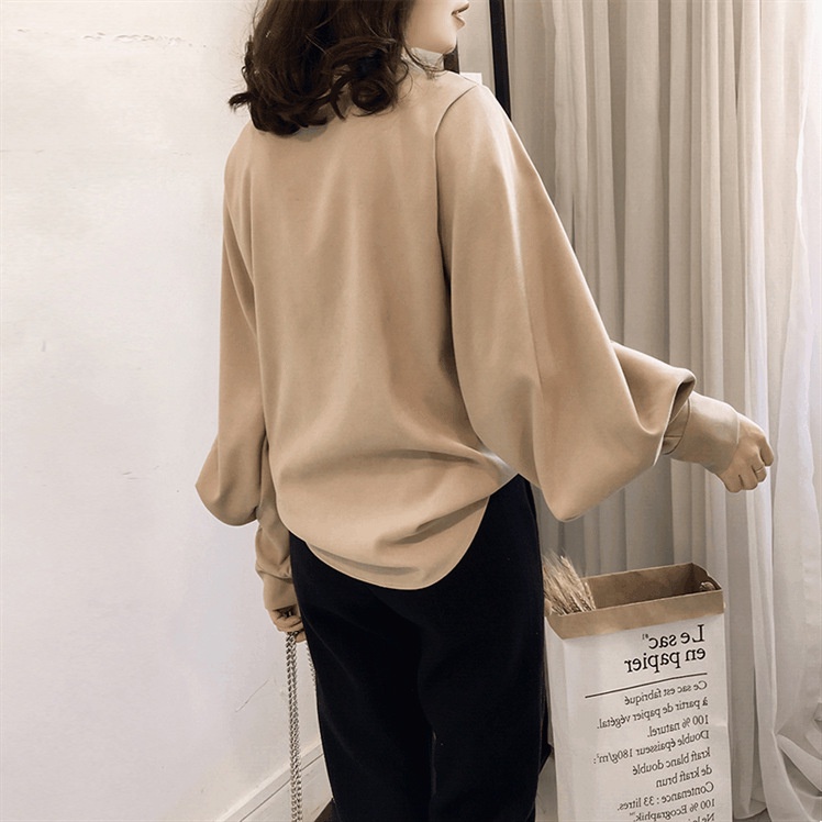 Korean Style Women Ladies Lantern Long Sleeve Casual Loose Cotton Shirt Blouse Tops Khaki Blouse Baj