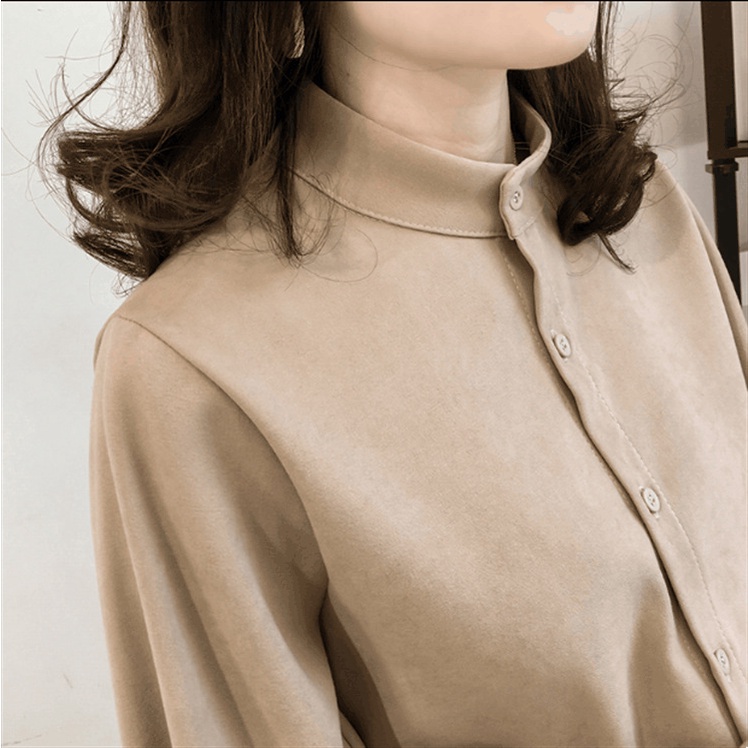 Korean Style Women Ladies Lantern Long Sleeve Casual Loose Cotton Shirt Blouse Tops Khaki Blouse Baj