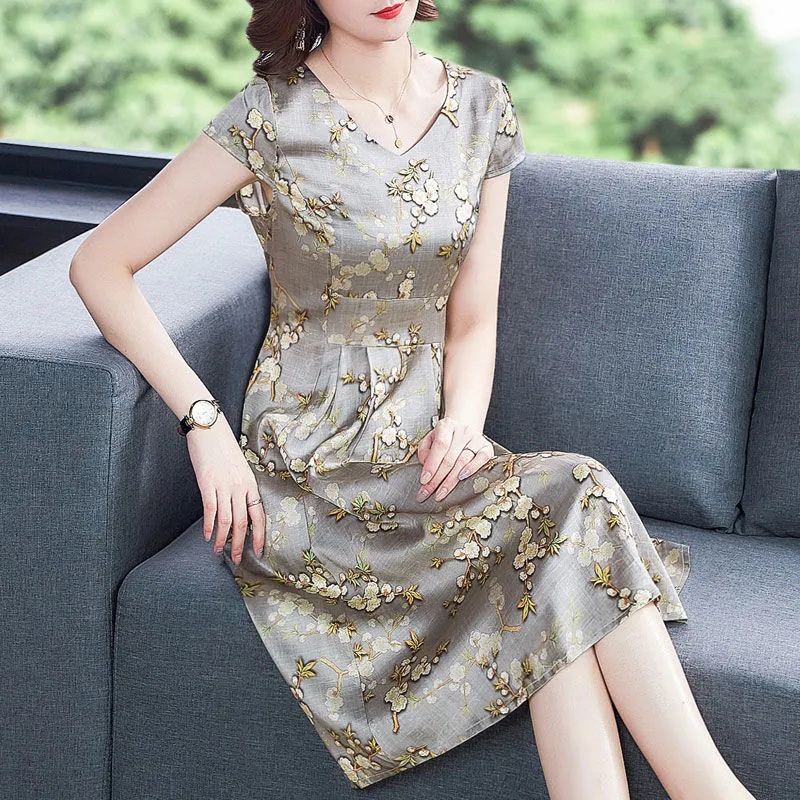 Newest Women's Fashion Floral Dress Lady Elegant Short Sleeve V-neck Casual Vintage Printed A-line M