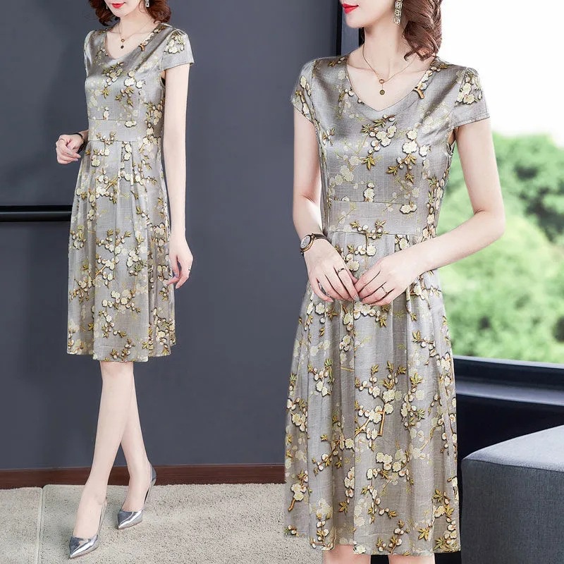 Newest Women's Fashion Floral Dress Lady Elegant Short Sleeve V-neck Casual Vintage Printed A-line M