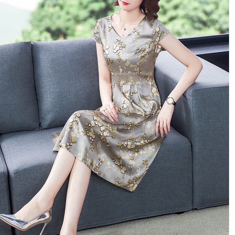 Newest Women's Fashion Floral Dress Lady Elegant Short Sleeve V-neck Casual Vintage Printed A-line M