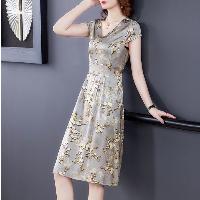 Newest Women's Fashion Floral Dress Lady Elegant Short Sleeve V-neck Casual Vintage Printed A-line M