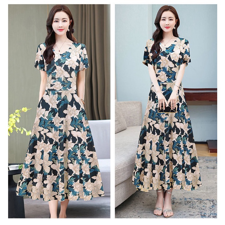 Summer Floral Dress Women Lady Elegant Short Sleeve Mid Length A-line Long Dresses Ladies Female Fas