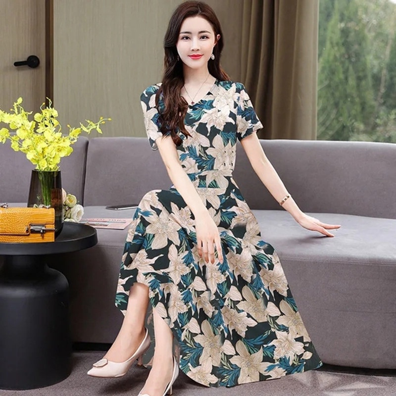 Summer Floral Dress Women Lady Elegant Short Sleeve Mid Length A-line Long Dresses Ladies Female Fas