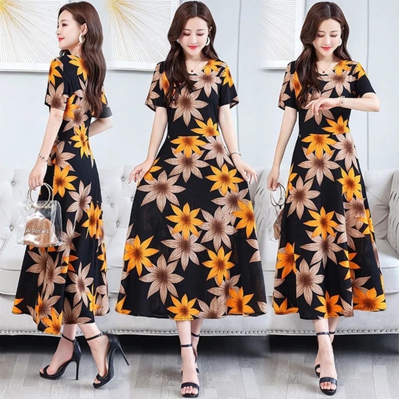 Summer Floral Dress Women Lady Elegant Short Sleeve Mid Length A-line Long Dresses Ladies Female Fas