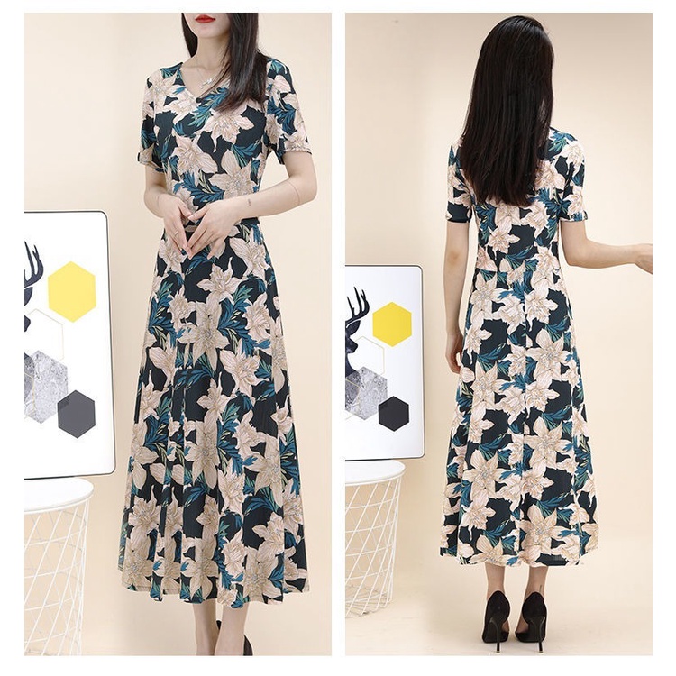 Summer Floral Dress Women Lady Elegant Short Sleeve Mid Length A-line Long Dresses Ladies Female Fas