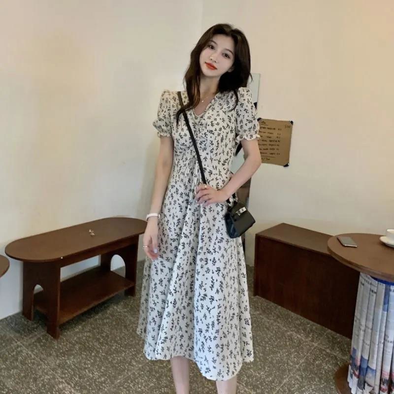S-3XL Women's New Fashion French Floral Dress Ladies Summer Elegant Short Sleeve Waist-Controlled La