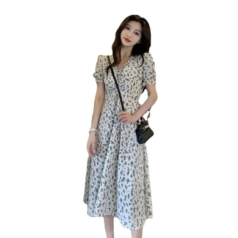 S-3XL Women's New Fashion French Floral Dress Ladies Summer Elegant Short Sleeve Waist-Controlled La