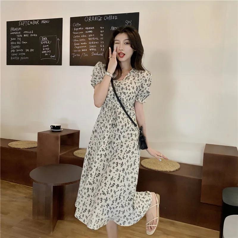 S-3XL Women's New Fashion French Floral Dress Ladies Summer Elegant Short Sleeve Waist-Controlled La
