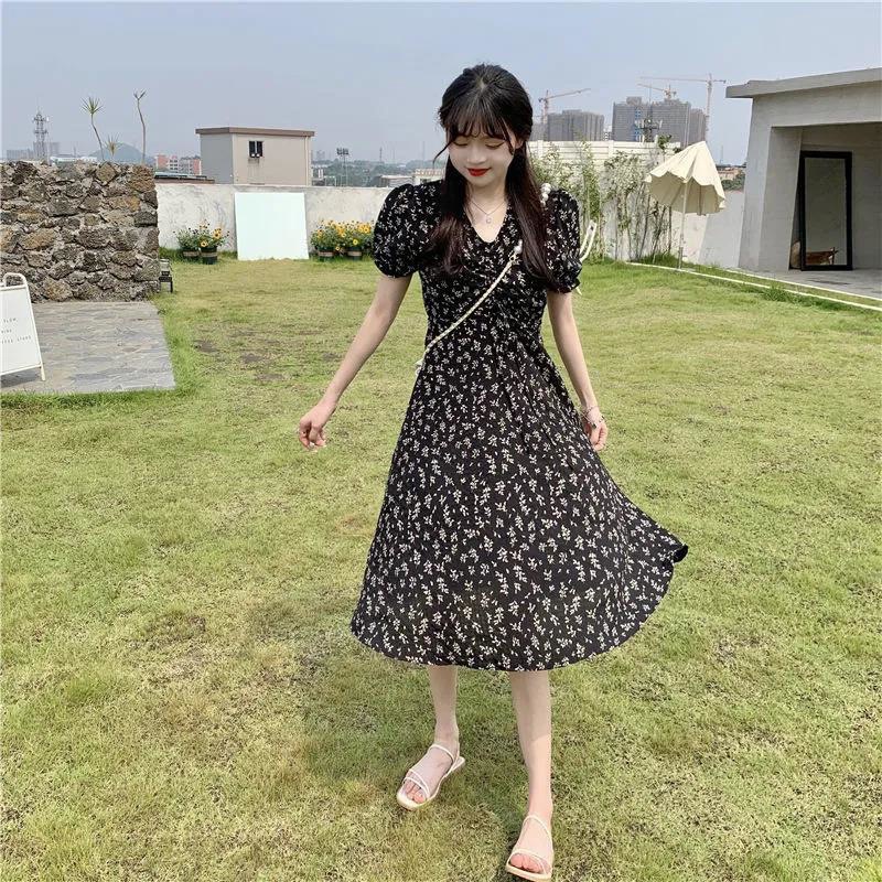 S-3XL Women's New Fashion French Floral Dress Ladies Summer Elegant Short Sleeve Waist-Controlled La