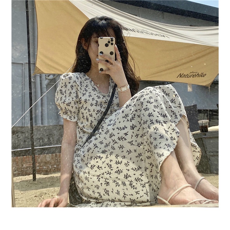 S-3XL Women's New Fashion French Floral Dress Ladies Summer Elegant Short Sleeve Waist-Controlled La
