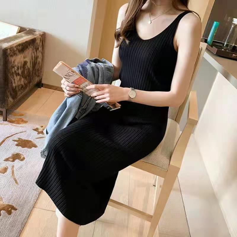 Sleeveless Maxi Dress Women V-Neck Strap Knitted Long Dress Solid Color Vest Bottoming Dress Korean 