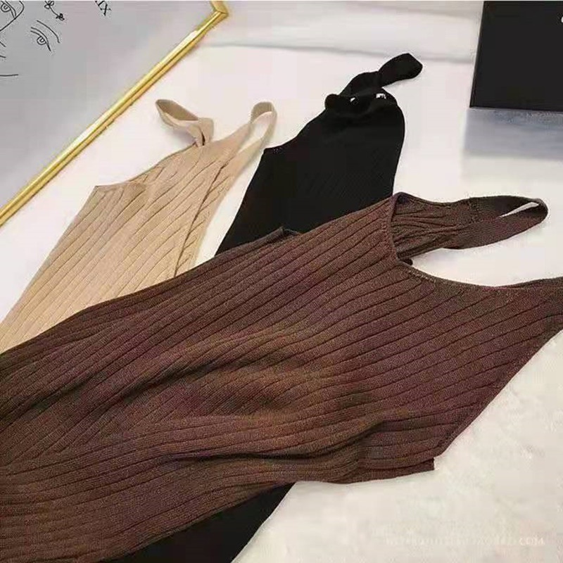 Sleeveless Maxi Dress Women V-Neck Strap Knitted Long Dress Solid Color Vest Bottoming Dress Korean 