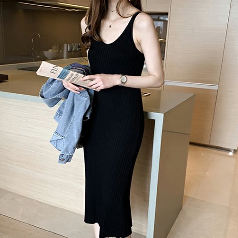 Sleeveless Maxi Dress Women V-Neck Strap Knitted Long Dress Solid Color Vest Bottoming Dress Korean 