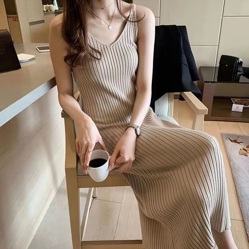Sleeveless Maxi Dress Women V-Neck Strap Knitted Long Dress Solid Color Vest Bottoming Dress Korean 