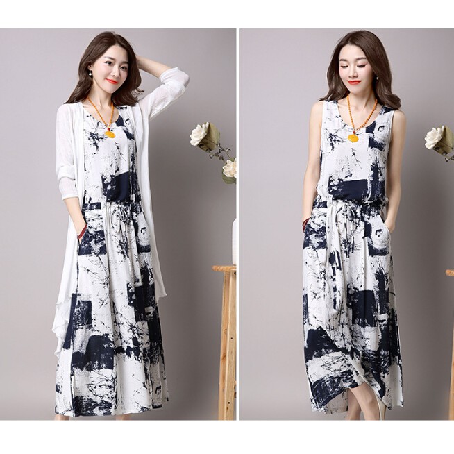Women Vintage Sleeveless Linen Dress + White Loose Cardigan Dress Suit Plus Size