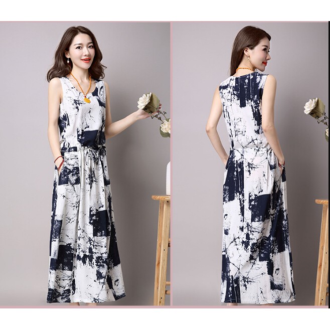 Women Vintage Sleeveless Linen Dress + White Loose Cardigan Dress Suit Plus Size