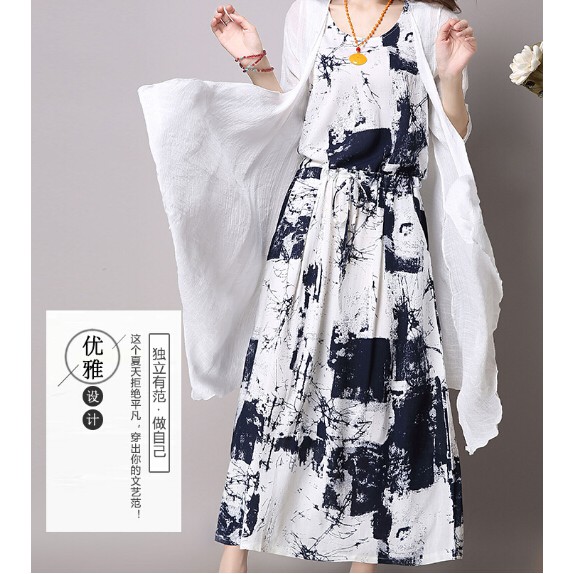 Women Vintage Sleeveless Linen Dress + White Loose Cardigan Dress Suit Plus Size