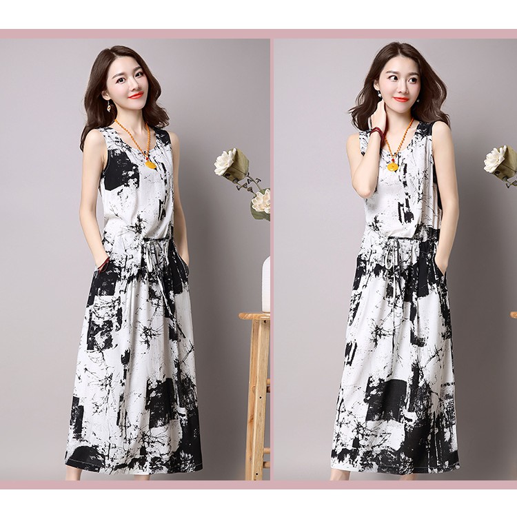 Women Vintage Sleeveless Linen Dress + White Loose Cardigan Dress Suit Plus Size