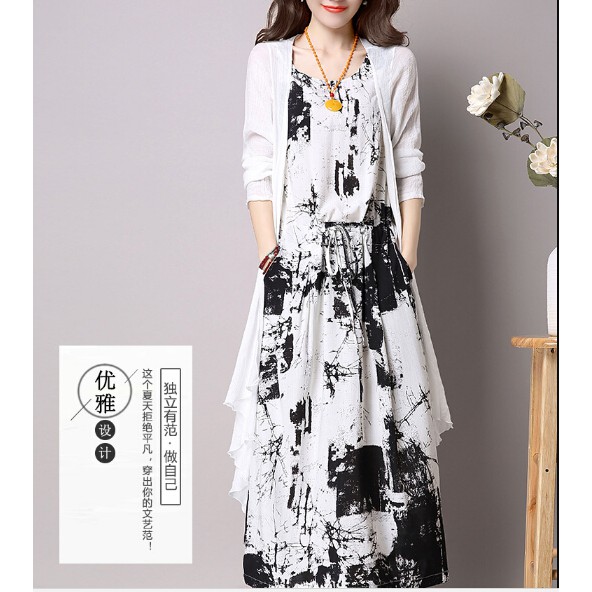 Women Vintage Sleeveless Linen Dress + White Loose Cardigan Dress Suit Plus Size