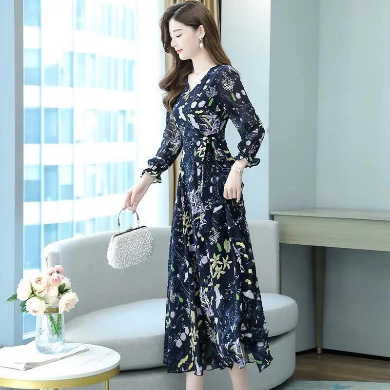 Women Maxi Dress Long Sleeve Floral Long Dresses Elegant Plus Size Shredded Flower A-line Dress