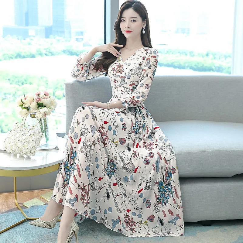 Women Maxi Dress Long Sleeve Floral Long Dresses Elegant Plus Size Shredded Flower A-line Dress