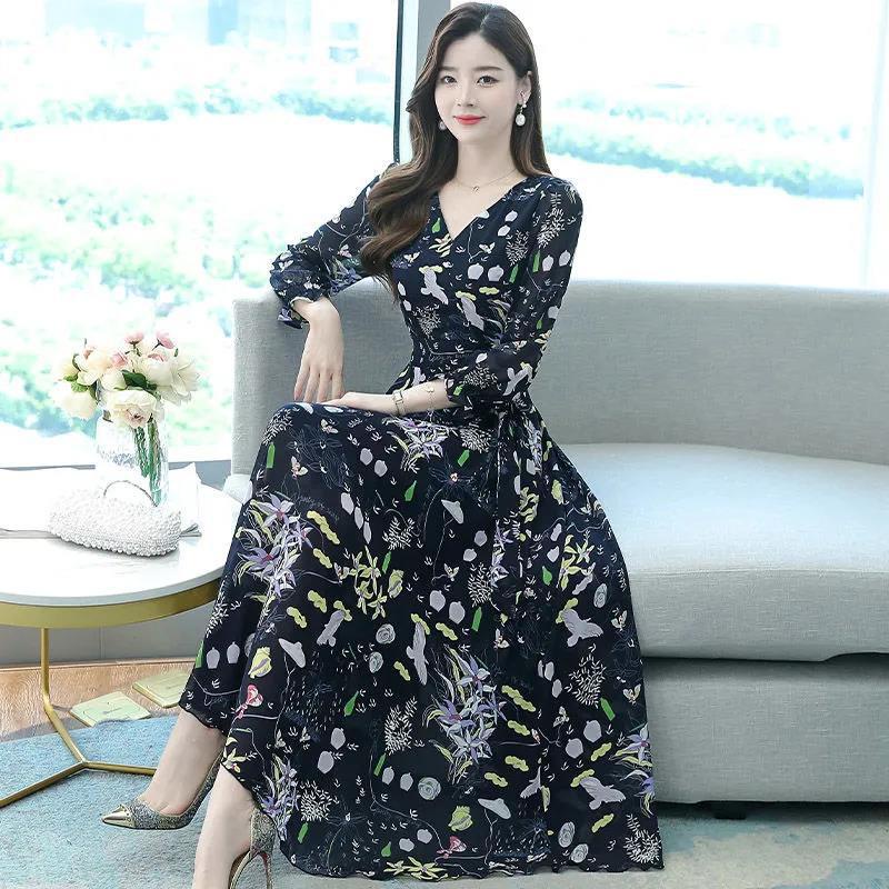 Women Maxi Dress Long Sleeve Floral Long Dresses Elegant Plus Size Shredded Flower A-line Dress