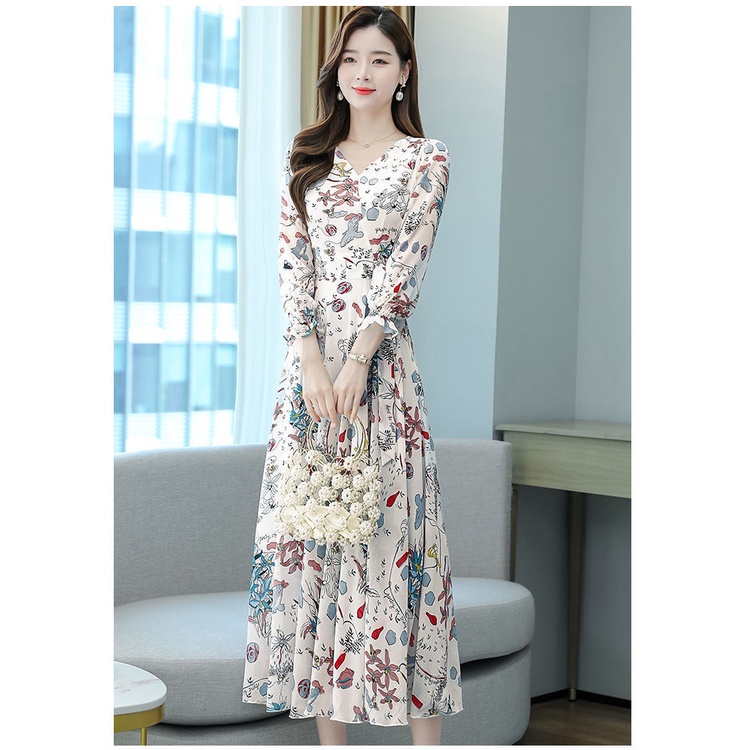 Women Maxi Dress Long Sleeve Floral Long Dresses Elegant Plus Size Shredded Flower A-line Dress